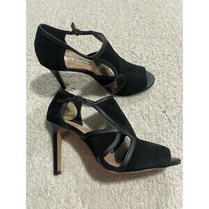Audrey Brooke Black Suede Peep Toe Heels Leather Trim Size 8 Excellent Condition